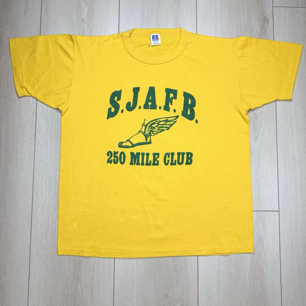 Vintage SZ L Russell Athletic SJAFB 250 Mile Club T Shirt Yellow Green USA Made‎